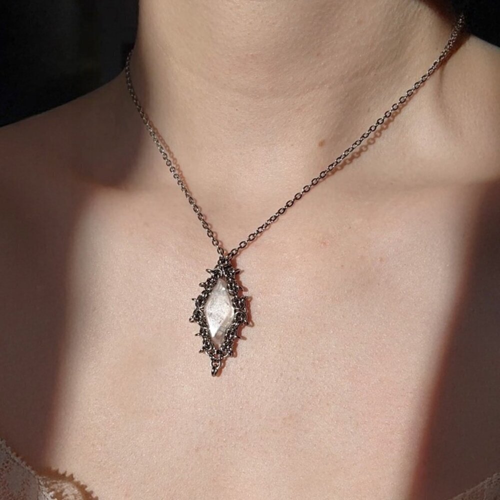 Silver and quartz diamond-shaped fairy necklace